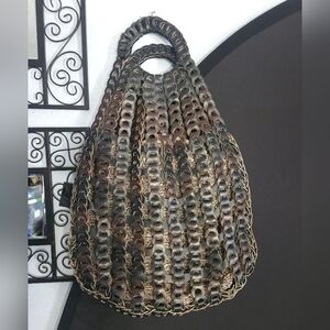 Vintage Leather Link Black Brown Lined Tote Bag Purse